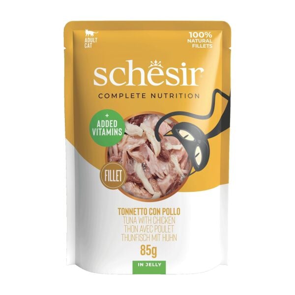 Schesir Jelly Ton Balıklı ve Tavuklu Jöle İçinde Yetişkin Kedi Pouch 85g