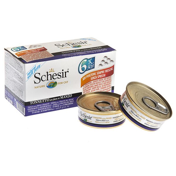 Schesir Ton Balıklı Sığır Etli Kedi Konserve 6x50 Gr
