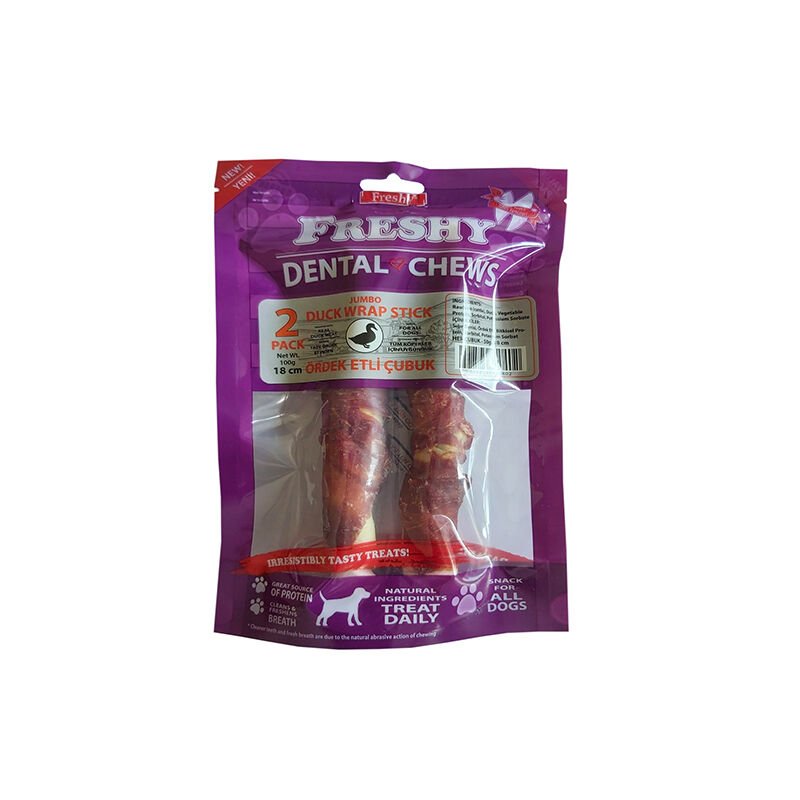 Freshy Ördek Eti Kaplı Jumbo Beyaz Dental Deri Çubuk 2’li 18 Cm