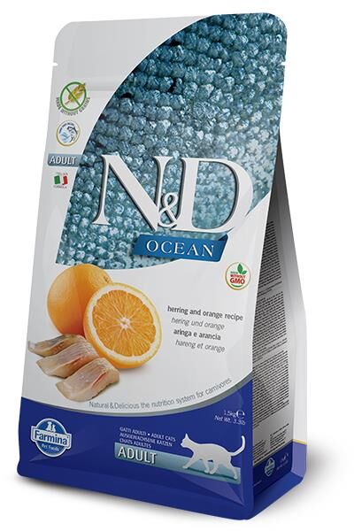 N&D Ocean Tahılsız Ringa Balığı ve Portakallı Yetişkin Kedi Maması 1,5 Kg