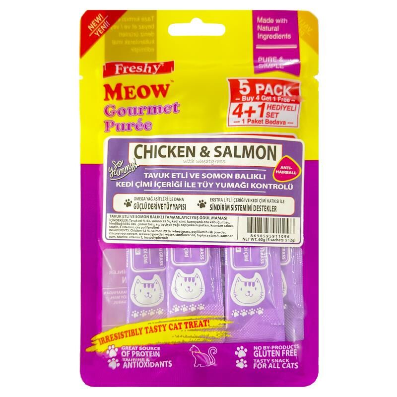 Freshy Meow Gurme Pure Tavuklu Somonlu Kedi Çimli 60Gr 5Li Paket