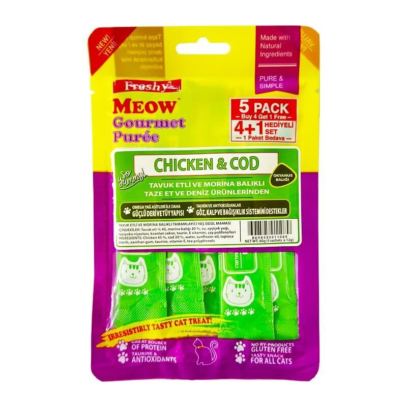 Freshy Meow Gurme Pure Tavuk Etli ve Morina Balıklı 60Gr 5Li Paket