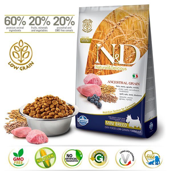 N&D Düşük Tahıllı Kuzu Etli Yaban Mersinli Küçük Irk Yetişkin Köpek Maması 7 kg