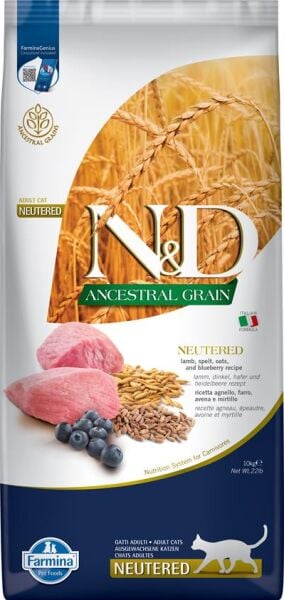 N&D Ancestral  Kuzu Etli ve Yaban Mersinli Tahıllı Kısır kedi maması 10 kg