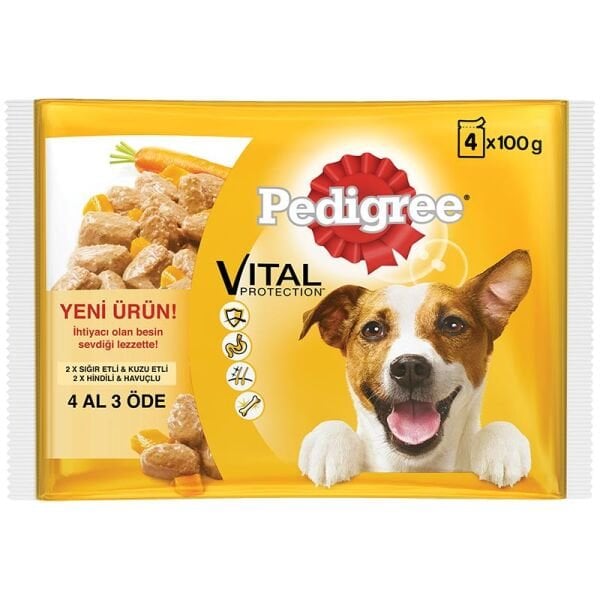Pedigree Pouch Köpek Konservesi Biftek&Kuzu - Hindi&Havuç 4 x 100 gr