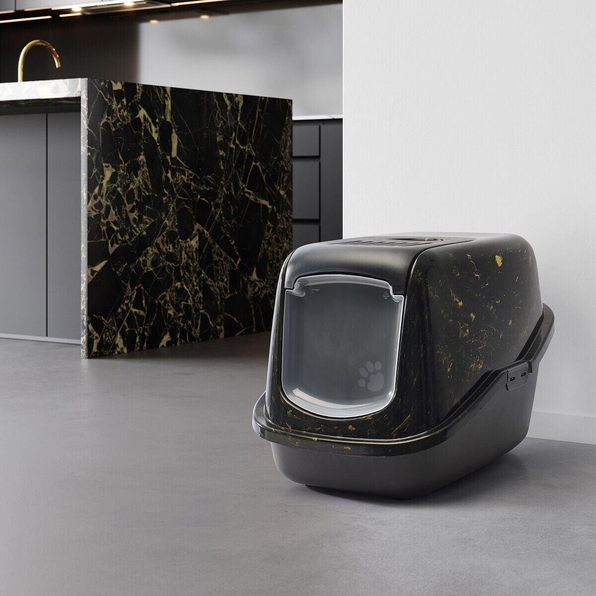 Savic Nestor Mermer | Şık Kedi Kum Kabı – Mermer Siyah Altın