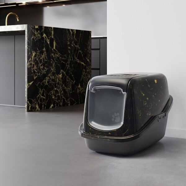 Savic Nestor Mermer | Şık Kedi Kum Kabı – Mermer Siyah Altın